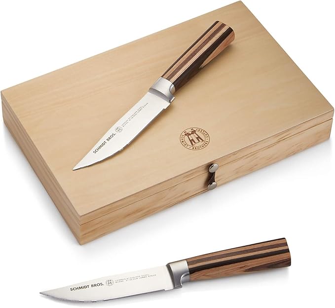 Schmidt Brothers, Farmhouse 4-Piece Jumbo Steak Knife Set, High-Carbon German Stainless Steel Cutlery in a Wood Gift Box