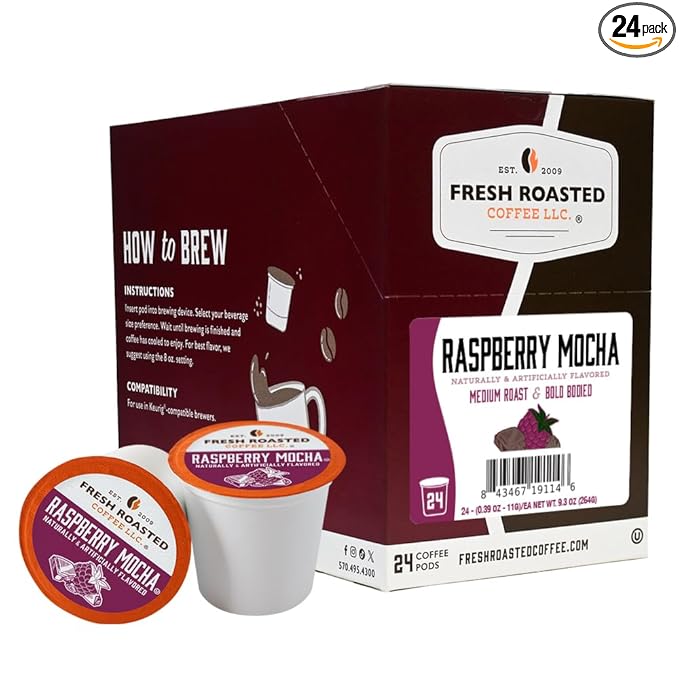 Fresh Roasted Coffee, Raspberry Mocha, Flavored Coffee Pods, K-Cup Compatible, 24 Count
