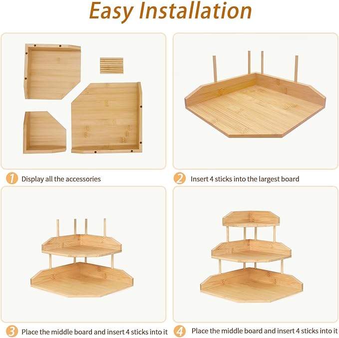 HYNAWIN Bamboo Spice Rack Corner Shelves-3 Tier Standing Pantry Shelf for Kitchen Counter Storage,Bathroom Countertop Storage Organizer-Irregular Pattern Desk Bookshelf