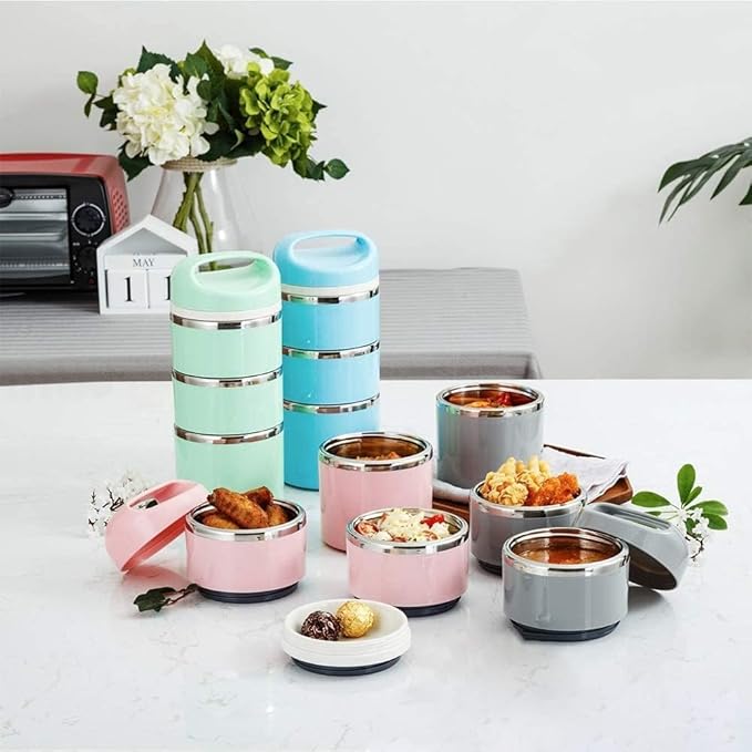 Lille Home Stackable Stainless Steel Thermal Compartment Lunch/Snack Box, 3-Tier Insulated Bento/Food Container with Lunch Bag, Utensils Set and Three Extra Seals, 43OZ (Gold)