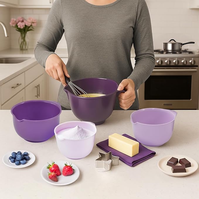 Glad Mixing Bowls with Pour Spout, Set of 4 - Nesting Plastic Bowls (1.2qt, 1.9qt, 2.8qt, and 3qt with Handle) - Non Slip Base, Dishwasher Safe Kitchen Cooking and Baking Supplies, Purple