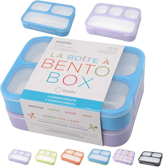Bento Lunch Box for Kids or Adults, Snack Containers for Boys, Girls, School Daycare Work, 3 Divided Compartments Meal Planning Portion Control, BPA-Free Boxes, Utensils | Blue Purple 2 pack