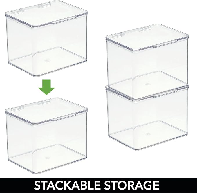 mDesign Plastic Kitchen Pantry and Fridge Storage Organizer Box Containers w/Hinged Lid for Shelves or Cabinets, Holds Food, Snacks, Seasoning, Condiments, Utensils, Lumiere Collection, Clear