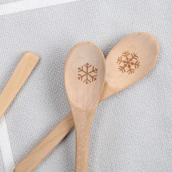 HANSGO Small Wooden Spoons, 6PCS Christmas Small Soup Spoons with Snowflake Pattern for Eating with Coffee Tea Jam Honey Spices and Restaurant Decoration