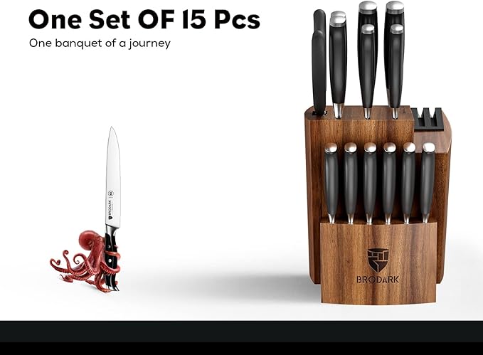 BRODARK Kitchen Knife Set: Full Tang 15 Pcs Professional Chef Knife Set with Sharpener, Razor-sharp Knives Set for Kitchen, German Stainless Steel Knife Block Set, Steel-king Series for Christmas Gift