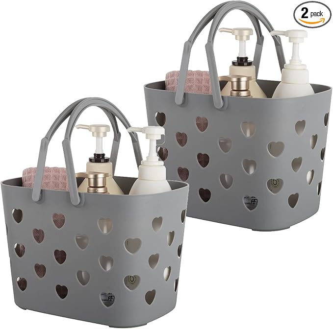 Anyoifax Portable Shower Caddy Tote Plastic Storage Basket with Handle Box Organizer Bin for Bathroom, College Dorm, Pantry, Kitchen, 2 Pack, Grey