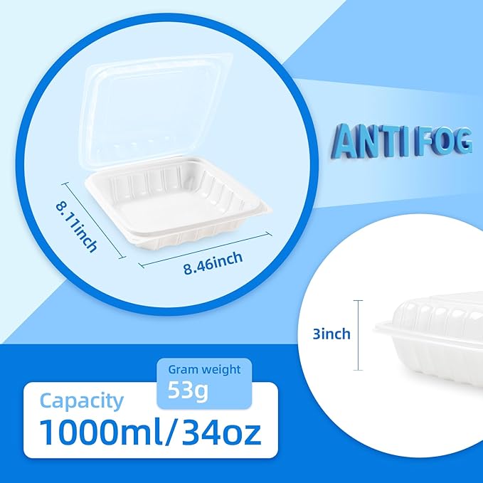YANGRUI Takeout Containers 8 Inch 34 oz 25 Pack - Reusable Anti Fog Crystal Lid Technology Shrink Wrap To Go Box | BPA Free PP Plastic Freezer & Microwave Safe | White Restaurant Grade Food Container