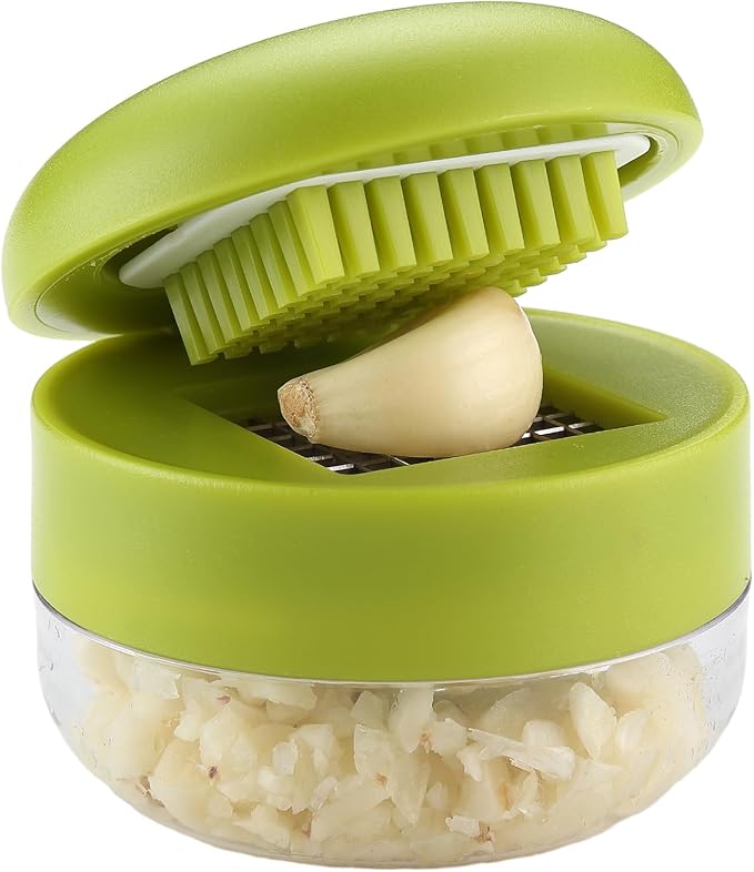 2PCS Garlic Presses, Garlic Chopper, Stainless Steel Blades Cutter, Crusher, Mincer, and Storage Container - Includes 2PCS mini Brushes - Suitable for both Home and Camping – (Green)