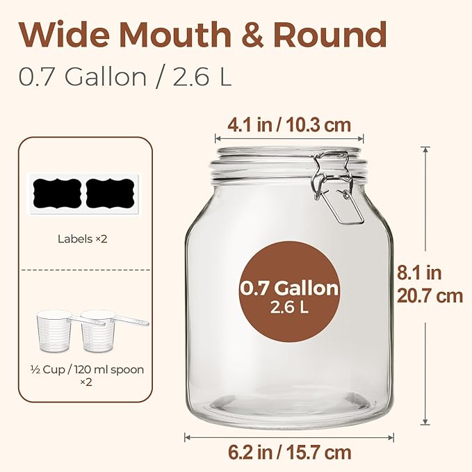 ComSaf Glass Jars with Airtight Lid 86 oz, Wide Mouth Mason Jars, Canning Jars, Large Glass Storage Containers with Lids, Flour Sugar Storage Containers, Large Canister for Rice, Pickle, Set of 2