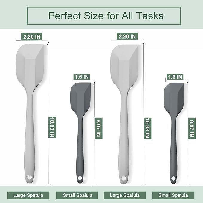 Silicone Spatula Set, Premium Spatulas Silicone Heat Resistant 2 Small & 2 Large Flexible Scraper for Nonstick Cookware, Rubber Spatula for Kitchen Mixing Baking Cooking Use, Soft Spatula - Gray