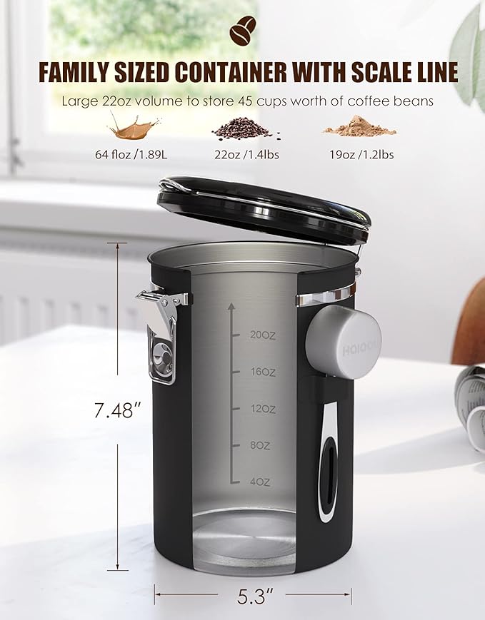 HAIOOU Airtight Coffee Canister, 16OZ Small Stainless Steel Coffee Bean Storage Container with Date Tracker, Measuring Scoop, CO2 Releasing Valves and Mini Tongs for Beans, Grounds and more - Black