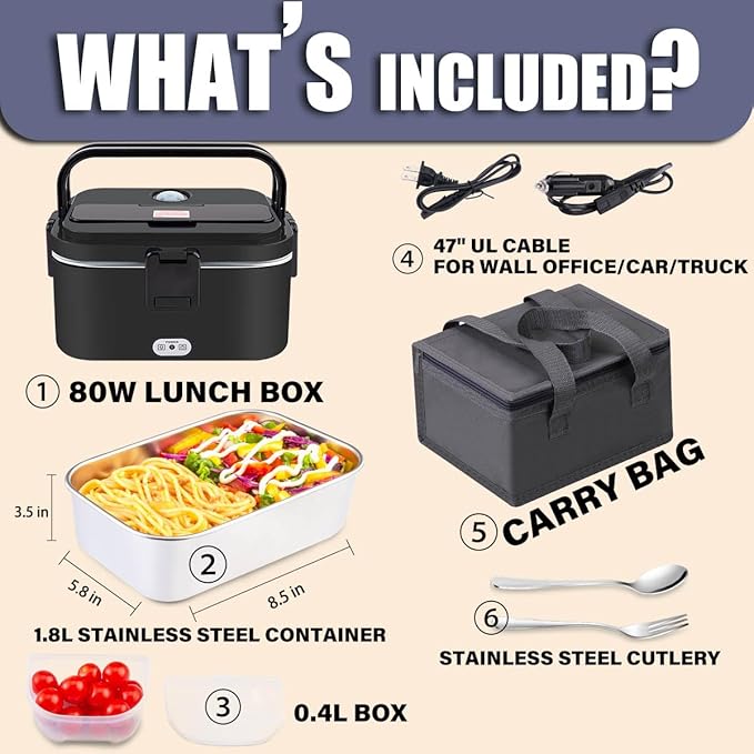 Nifogo Electric Lunch Box for Adults 80W 1.8L, Faster Heated Lunch Box for Men, Portable Electric Lunch Boxes Food Heater 12V/24V/110V Heating LunchBox for Car/Truck/Work with Bag(1.8L-Black)