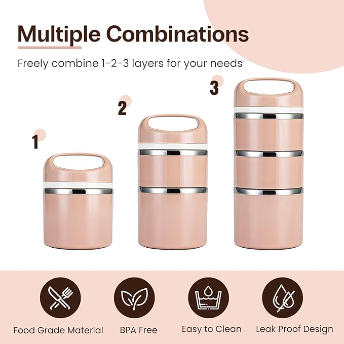 Lille Home Stackable Stainless Steel Lunch Containers, 43OZ Capacity 3 Layers Leakproof Bento Box for Adult, Portable Lunch Box for Women, Man, Travel, Office with Lunch Bag (Gold.Pro)