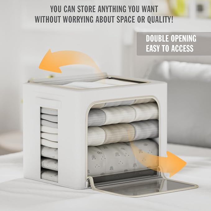 FHSQX 2 Pack Clear Window Storage Bins Large Stackable Linen Fabric Storage for Clothes Foldable Container Organizer Set with Carrying Handles (Lvory White, 23.6x 16.5x 15.7 Inch)