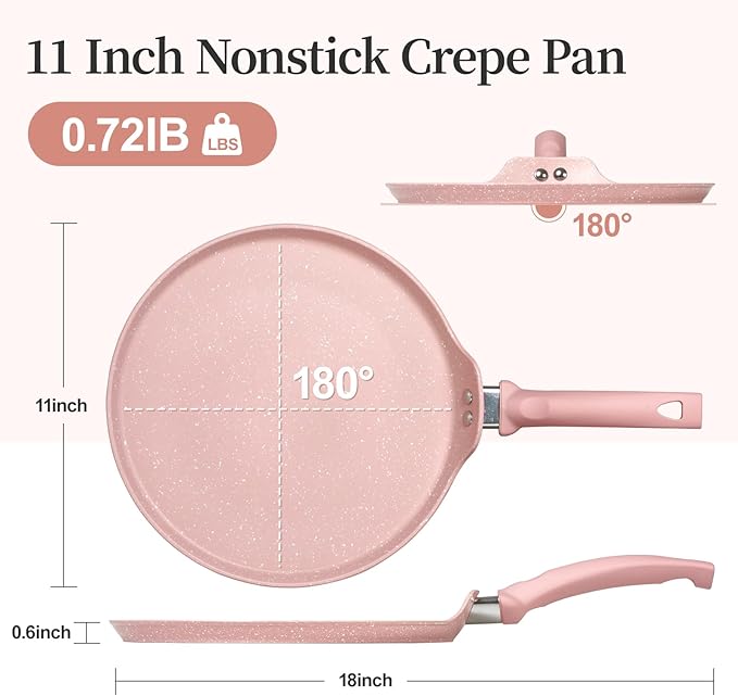 Innerwell 11 inch Nonstick Crepe Pan, Granite Coating Flat Skillet Dosa Tawa Tortilla Pan, Pink Large Pancake Griddle Comal Pan, Compatible with All Stovetops, PFOA Free