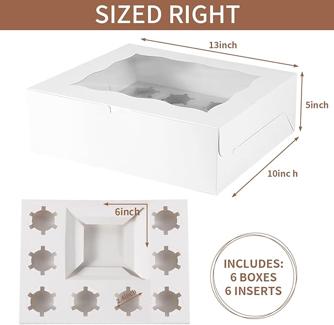 Bento Cake Box With Cupcakes, Clear Window 9 Holes Bento Combination,6 Sets: Cookie Boxes Fit 8 Regular Cupcake and Mini Cakes, Christmas Wedding Birthday Party (White/clear, 1+8/6pcs)