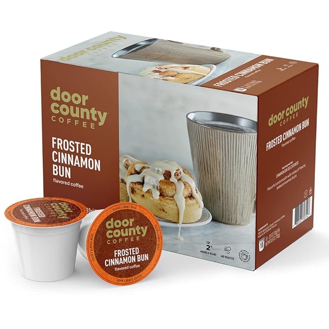 Door County Coffee Frosted Cinnamon Buns Flavored Ground - 10 Count Single Serve Cups - Medium Roast - 100% Specialty Arabica - Flavored Gourmet - Sweet Cinnamon Flavored