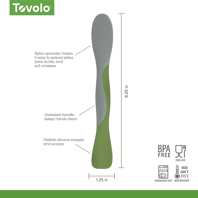 Tovolo Mini Scoop and Spread Tool for Kitchen Meal Prep Small Sandwich Spreader Spatula for Peanut Butter Jelly, Silicone BPA Free Dishwasher Safe Scooper Spreader, Pesto Green and Oyster Gray