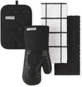 KitchenAid Quilted Cotton Terry Cloth Oven Mitt, Pot Holder, Kitchen Towel 4-Pack Set, Heat Resistant, Silicone Grip, Gift Set, Matte Black, 16"x26", 7"x13" & 7"x10"