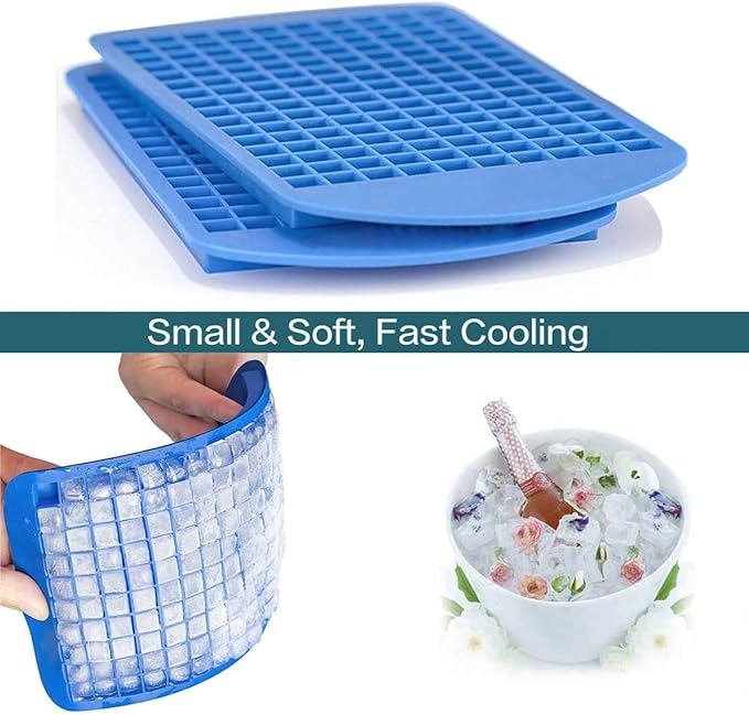 Mini Ice Cube Trays Set of 2-160 Small Ice Cubes Silicone Mold for Whiskey, Cocktails, Water Bottles - BPA Free Flexible & Stackable Ice Maker (Blue)