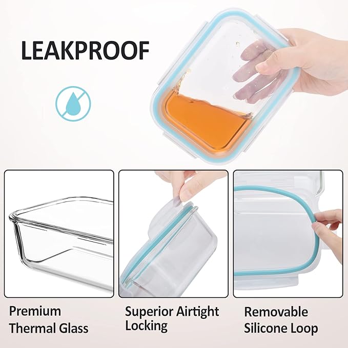 Glass Food Storage Containers with Lids Airtight 6 Pack, Glass Storage Containers with Lids for Food, Not Easy Broken & Leak Proof, Oven/Dishwasher Safe, Blue