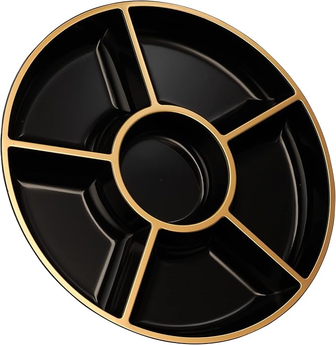 Plasticpro 6 Sectional Round Plastic Serving Tray/Platters Black & Gold Pack of 4