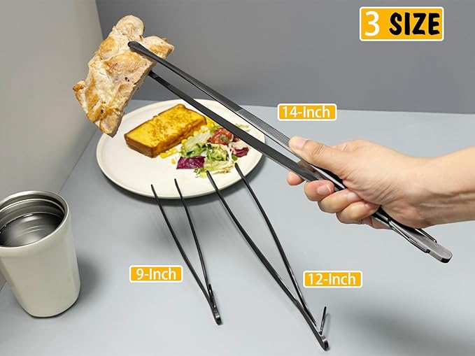 JETKONG 3Pcs Extra Long Kitchen Tweezers Heavy Duty Stainless Steel Cooking Tweezers (9 12 14 Inch, Black)