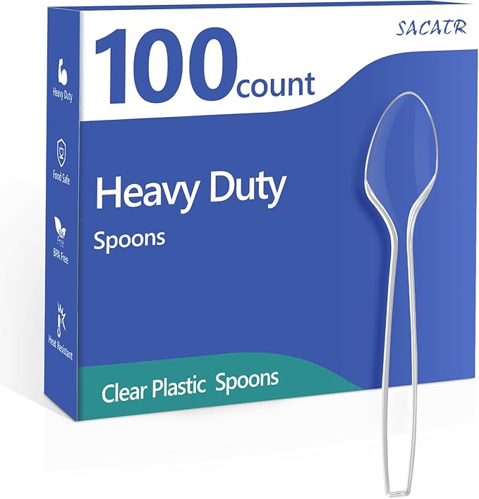 SACATR 100 Count Plastic Spoons,Heavy Plastic Silverware,Premium Disposable Spoons, BPA-Free, Heat Resistant, Suitable for Parties, Events and Everyday Use