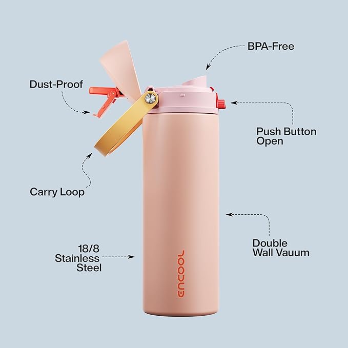 Insulated Water Bottle with Straw - Encool Stainless Steel Water Bottle with Push Button Lid, Leak-Proof & BPA-Free, Keeps Cold for 24 Hours for Sports, Travel, Gym (24 oz, Pink Daisy-Red)