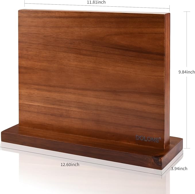 Magnetic Knife Block, Thickened Acacia Wood Kitchen Knife Holder Stand with Strong Magnets, Multifunctional Double Side Knife Storage Organizer for Kitchen Counter (Brown)
