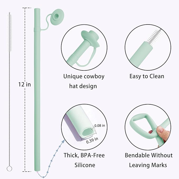 Reusable Silicone Straws with Cover, Bite-Safe, 12”Long Collapsible Drinking Straws for Stanley Owala Cups, Tumblers & Travel – Trim to Fit Any Cup (Green)