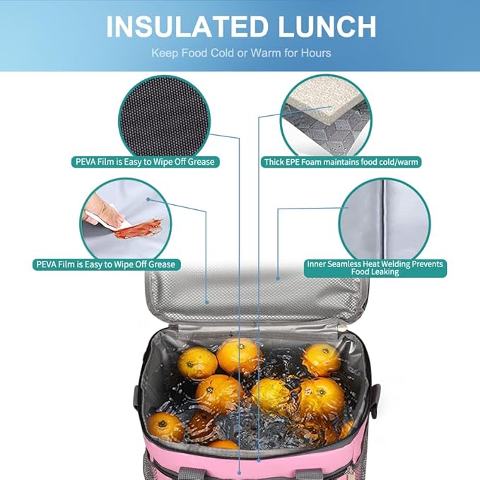 iknoe Insulated Lunch Bag, Foldable 8.5L Cooler Bag for Men & Women, Leakproof Thermal Design, Great for Office, Picnic, Travel, Lunch Box, Pink