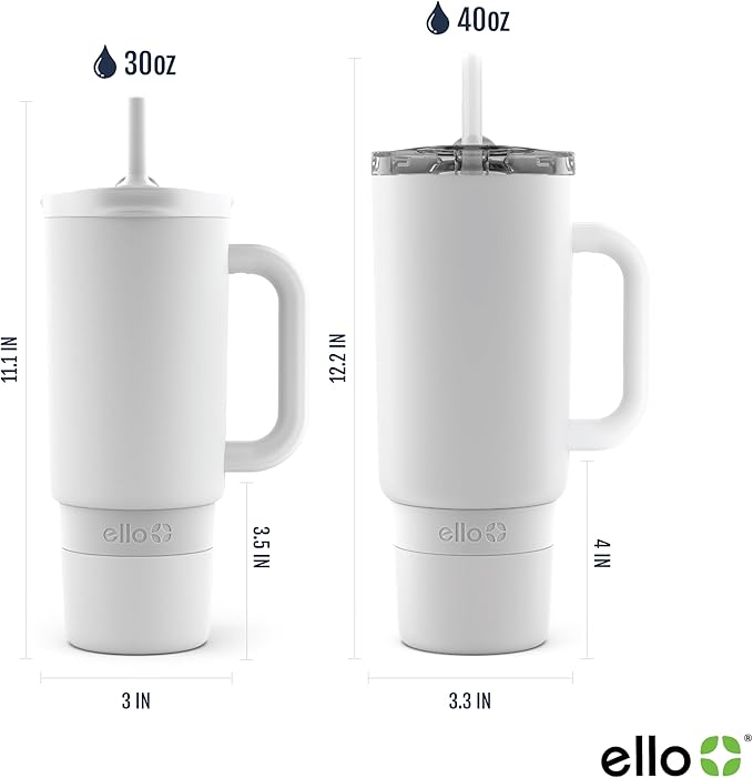 Ello Port 30oz Tumbler with Carry Loop & Integrated Handle | Vacuum Insulated Stainless Steel Reusable Water Bottle Travel Mug | Leak Proof Lid | Flexible Straw | BPA-Free | Dishwasher Safe | White