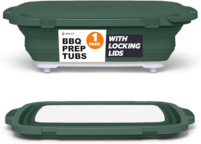 Drip EZ Collapsible BBQ Prep Tub - for Meal Prep Marinating Food Storage - Includes Cutting Board & Locking Lid - (1) XL - Green