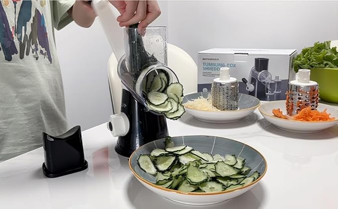 Rotary Cheese Grater Hand Crank, Grater For Kitchen With Reinforced Suction - Rotary Cheese Grater With 3 Replaceable Stainless Steel Blades - Easy to Use & Clean - Vegetable Cutter (Black)