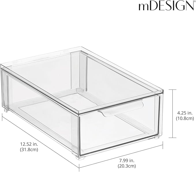 mDesign Plastic Stackable Bathroom Storage Organizer Bin with Pull Out Drawer for Cabinet, Vanity, Shelf, Cupboard, Cabinet, or Closet Organization - Lumiere Collection - 8 Pack - (Clear, 8 x 12 x 4)