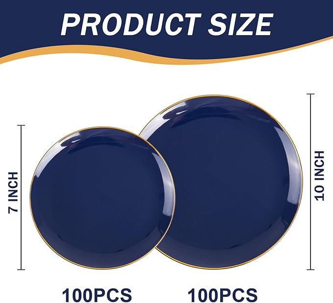 PULOTE 200 Pieces Blue Plastic Plates - Navy Blue and Gold Disposable - Include 100PCS 10 inch Dinner & 100PCS 7 inch Dessert Plate for Party & Labor Day