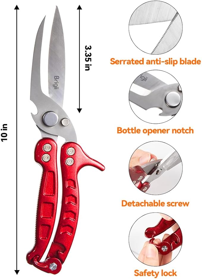 Brigii Kitchen Shear, Stainless Steel Heavy Duty Poultry Shears, Multi-Purpose Kitchen Scissors for Cutting Chicken, Fish, Seafood, and Vegetables-Red
