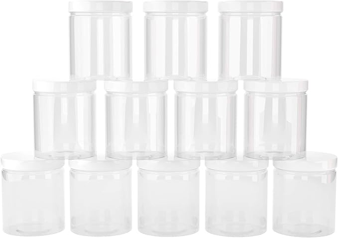 6 oz Plastic Jars with Lids (12 pack) - Clear Empty Containers for Body Lotions, Creams, Butters - Great for Storage and Organization of Crafts, Teas, and Spices
