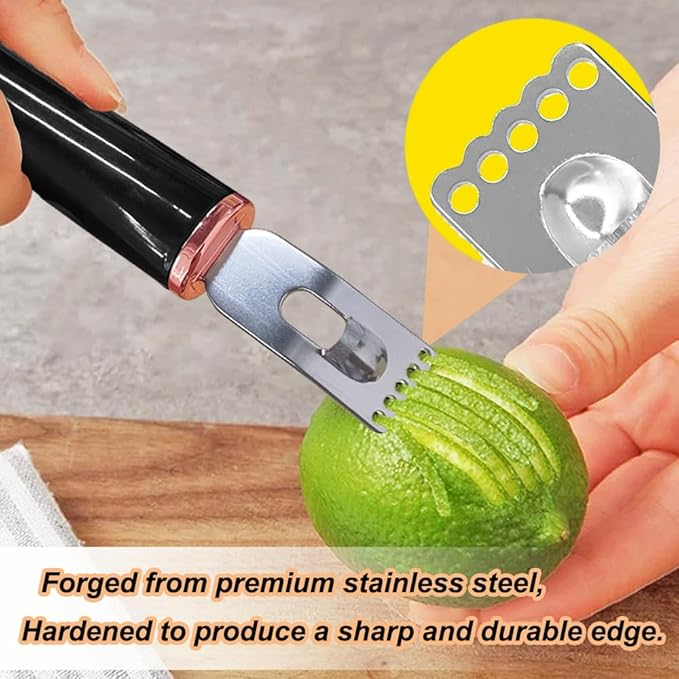 Channel Knife, 2 in 1 Lemon Peeler Zester Cocktail Garnish Citrus Zester 5 Baldes Ultra Sharp Lemon Rind Twist Peeler Stainless Steel Bar Tool Professional Grade Bar Accessory (Rose Gold)