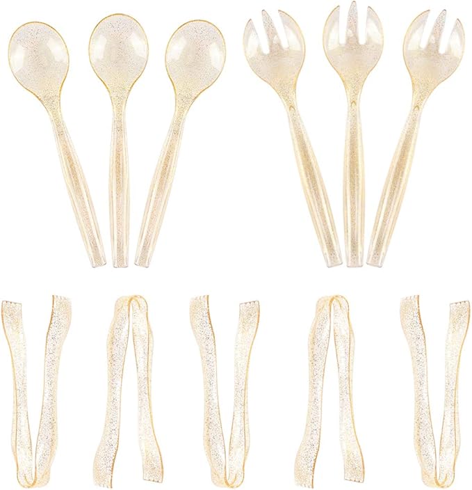 Supernal 72 pcs Plastic Serving Utensils, Gold Plastic Silverware, 24 Serving Spoons 10",24 Serving Forks 10",24 Tongs 6.3", Perfect for Birthday,Party,Wedding