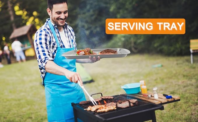 Grill Carry System, 6-Piece Stainless Steel Large Food Prep Tray, 16.5" x 11" Pan, Outdoor Grill with Cooling Rack for Vegetables, Fish, Meat, Great Grilling Gifts for Men
