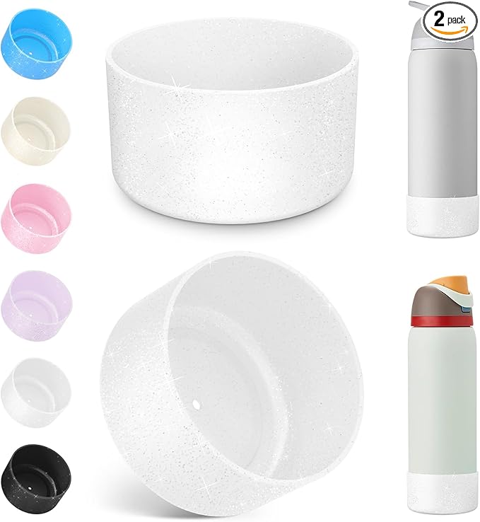 2PCS Silicone Water Bottle Boot for Owala 40oz, Protective Bottom Bumper Anti-Slip Sleeve for FreeSip, Twist, and Flip Stainless Steel Bottles, Dishwasher Safe and BPA Free(Shiny Silver)