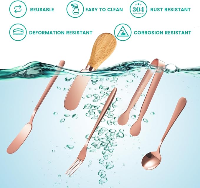 Charcuterie Board Accessories with 3 Oz Ceramic Dip Bowls, Wooden Handle Rose Gold Cheese Spreader Butter Knive Set Kit, Mini Tongs, Spoons, Forks,Honey Dipper, Cocktail Picks