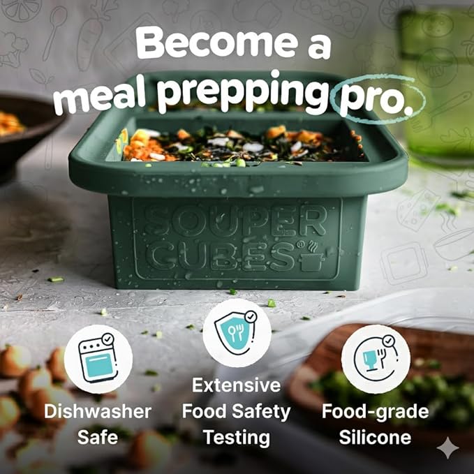 Souper Cubes Silicone Freezer Molds Gift Set with 2 Tbsp, 1/2, 1, and 2 Cup Silicone Freezer Trays With Lids - Meal Prep and Kitchen Essentials Bundle - Kale
