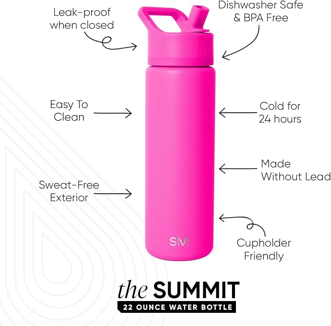 Simple Modern Water Bottle with Straw Lid Vacuum Insulated Stainless Steel Metal Cup Bottles | Reusable Leak Proof BPA-Free Flask for Gym Sports | Summit Collection | 22oz, Raspberry Vibes