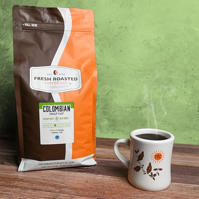 Fresh Roasted Coffee, Colombian Water Half-Caf, 5 lb (80 oz), Medium Roast, Kosher, Whole Bean