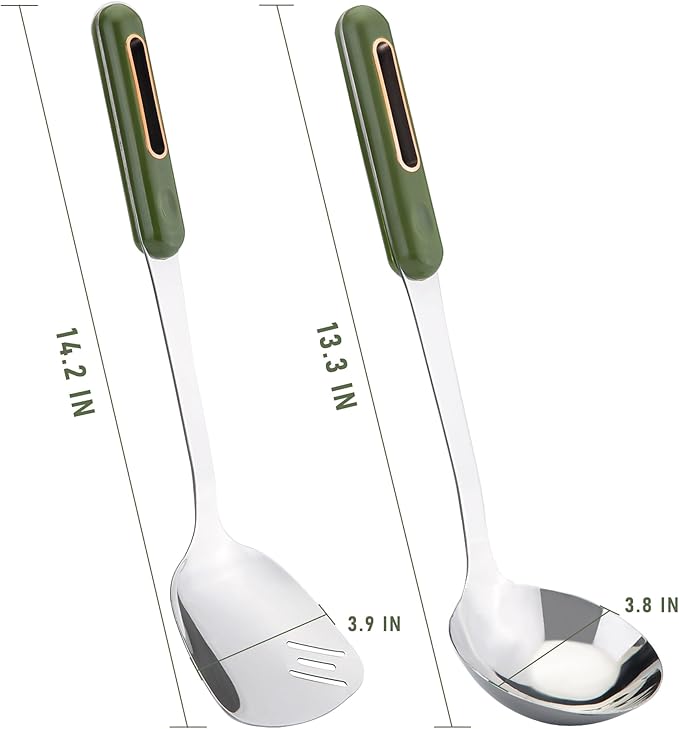 FJNATINH Spatula and Ladle Set - 2 Wok Tools - Universal Ladle and Spatula - Stainless Steel Cooking Utensils and Accessories, 13"-14", Green Handle