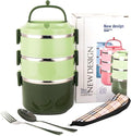 SANQIAHOME 3 Tier Stackable Stainless Steel Lunch Box Sealed(green, 3 layers) with spoon and fork