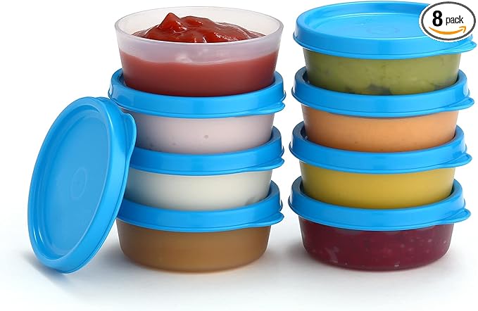 Condiment Cups Containers with Lids- 8 pk. 2.3 oz.Salad Dressing Container to go Small Food Storage Containers with Lids- Sauce Cups Leak proof Reusable Plastic BPA free for Lunch Box Picnic Travel